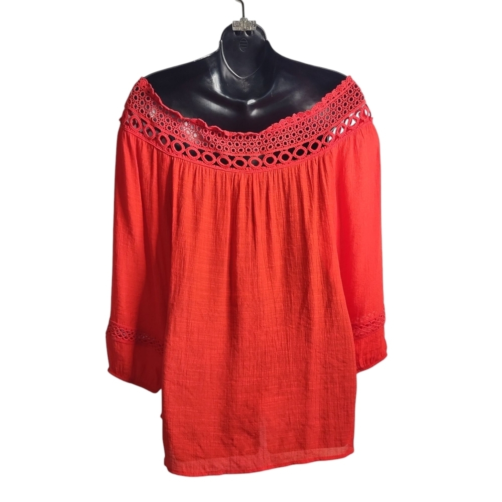 AGB Women's Red Off the Shoulder Embroidered 3/4 Sleeves Top Blouse Size Small - Picture 2 of 10